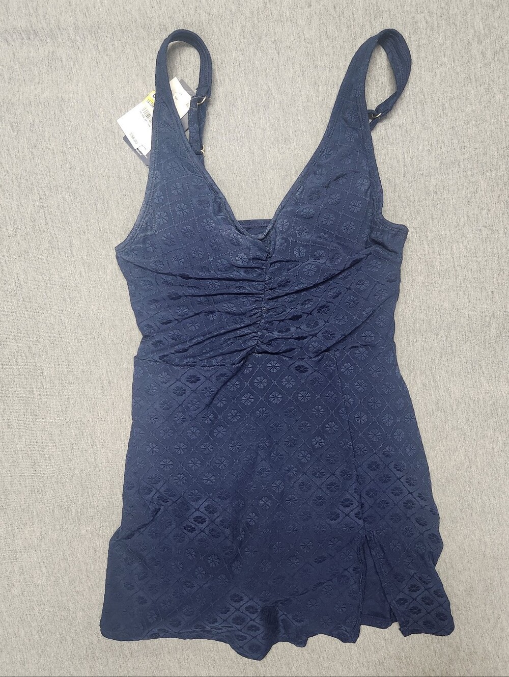 Lands’ End Shirred Jacquard Full‑Coverage Swim Dress – Navy Blue S